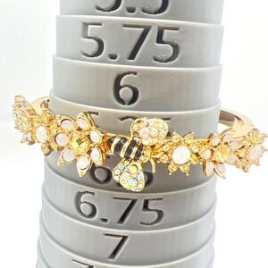 Betsey Johnson Hinged Bangle Bracelet Bee Flowers Opalescent Rhinestones Sz 6.75